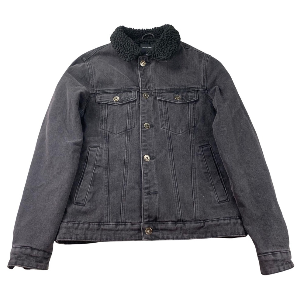 Cotton On Denim Jacket Men M Black Sherpa Lined Trucker‎ Button Up Winter Coat